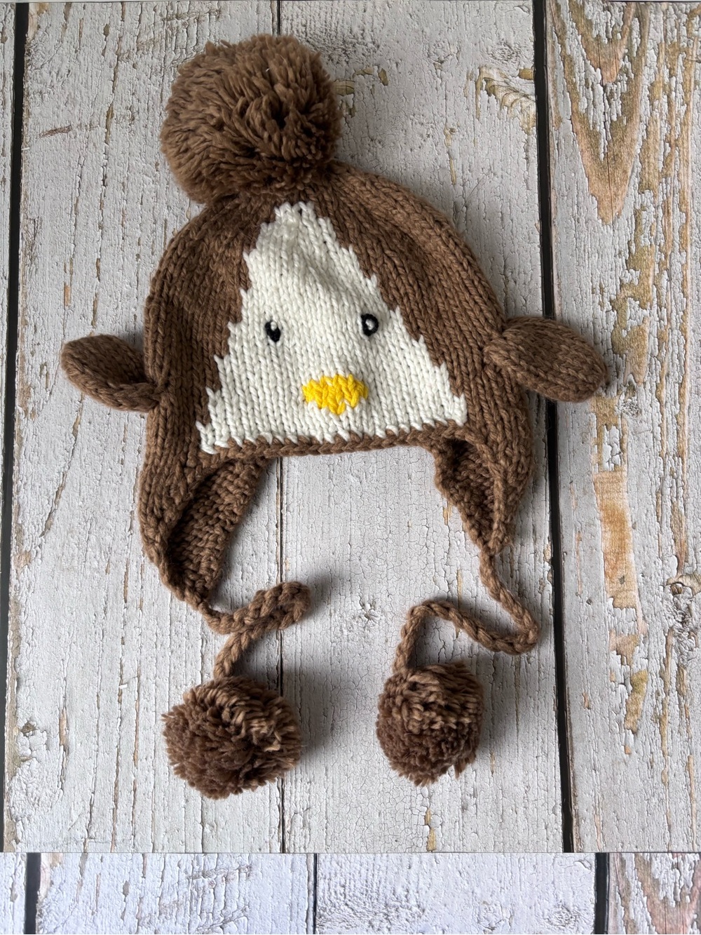Kids Brown Penguin Knit Pom Earflap Hat